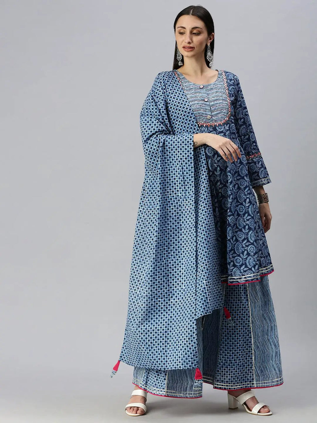 Women's A-Line Blue Printed Kurta Sets with Sharara & Dupatta