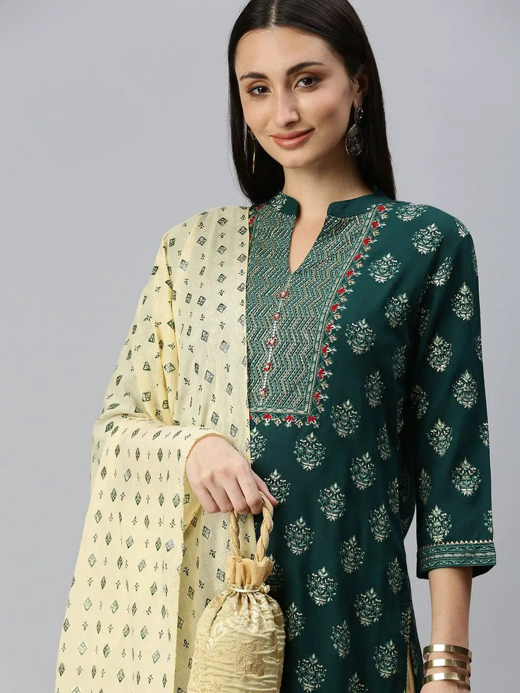 Women's Straight Green Printed Kurta Sets with Sharara & Dupatta