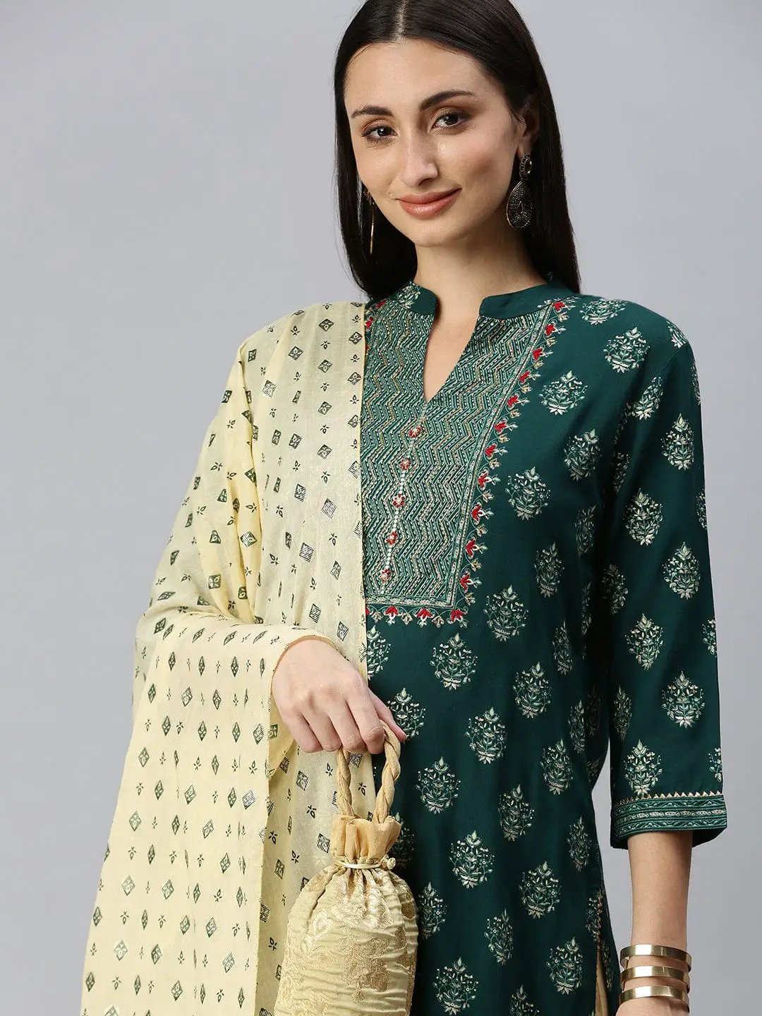 Women's Straight Green Printed Kurta Sets with Sharara & Dupatta