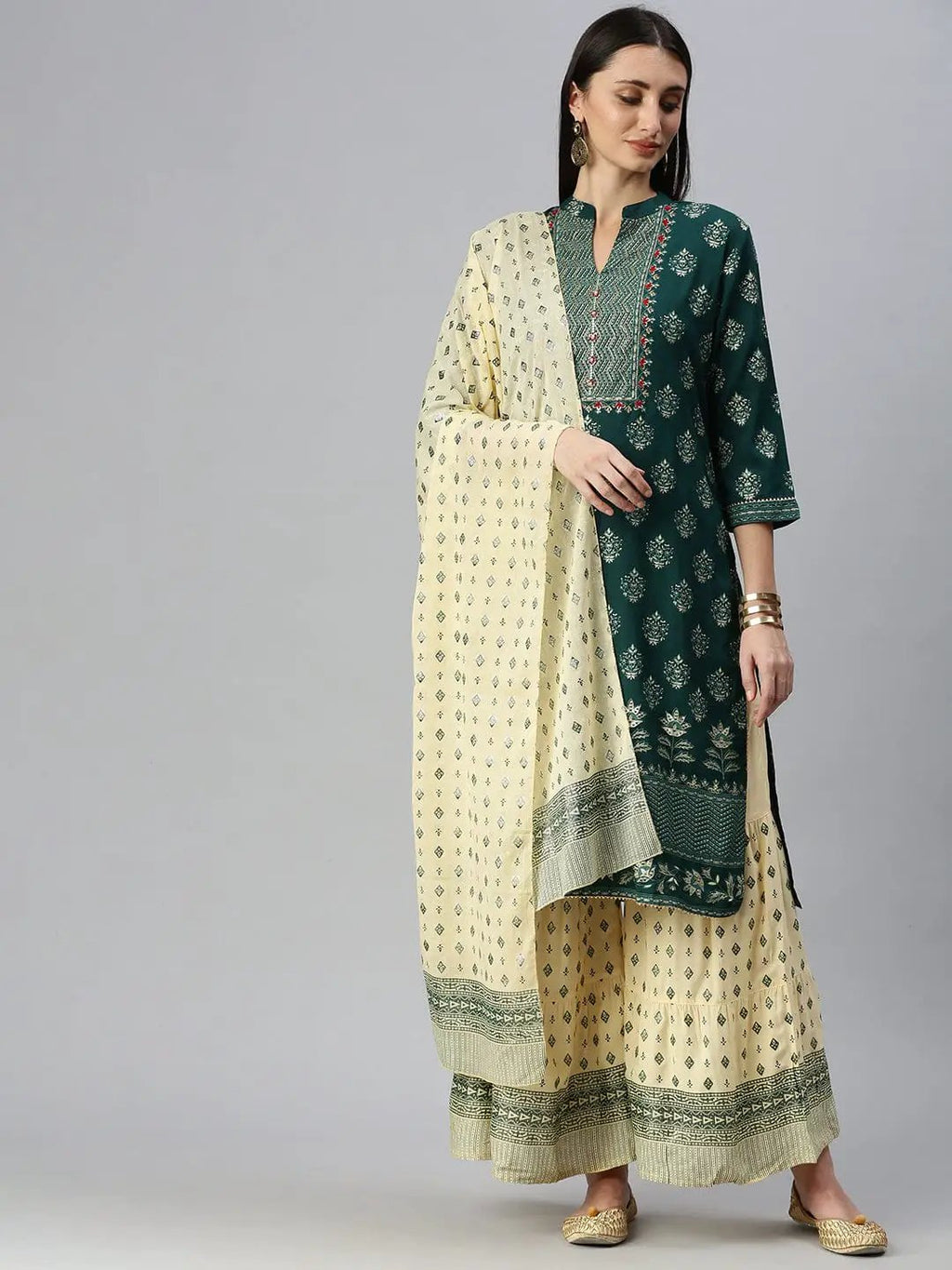 Women's Straight Green Printed Kurta Sets with Sharara & Dupatta