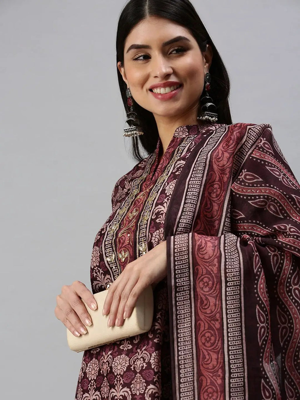 Women's Straight Maroon Printed Kurta Sets With Trousers