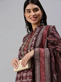 Women's Straight Maroon Printed Kurta Sets With Trousers