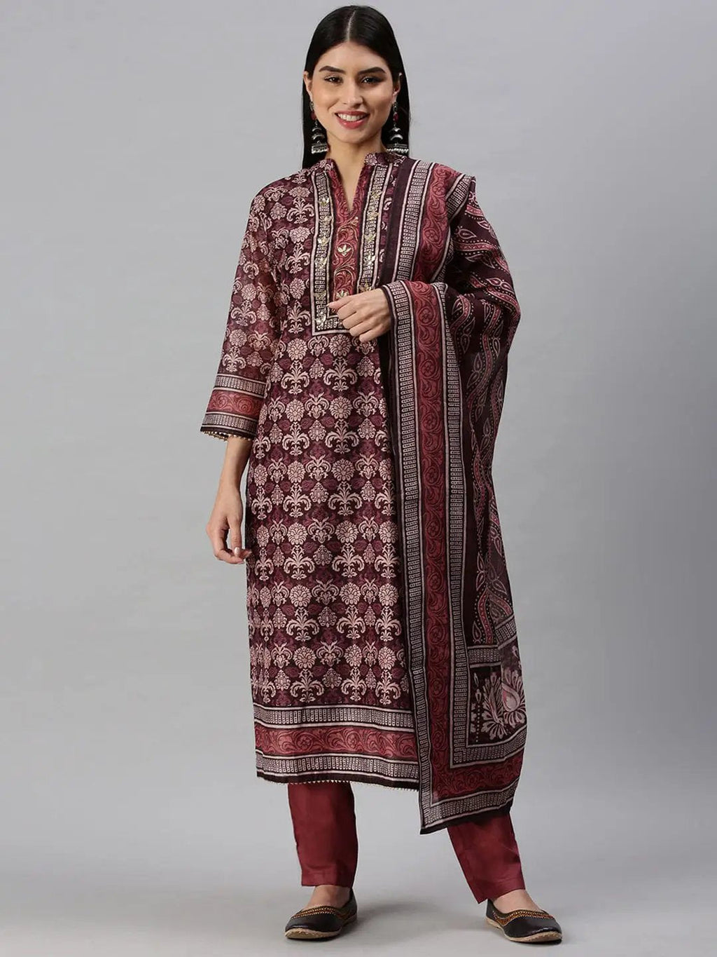 Women's Straight Maroon Printed Kurta Sets With Trousers