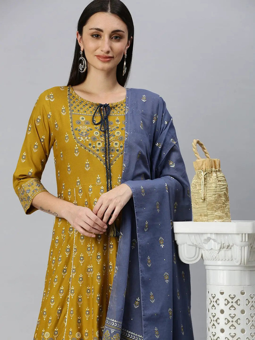 Women's Anarkali Mustard Printed Kurta Sets with Trousers & Dupatta