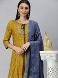 Women's Anarkali Mustard Printed Kurta Sets with Trousers & Dupatta