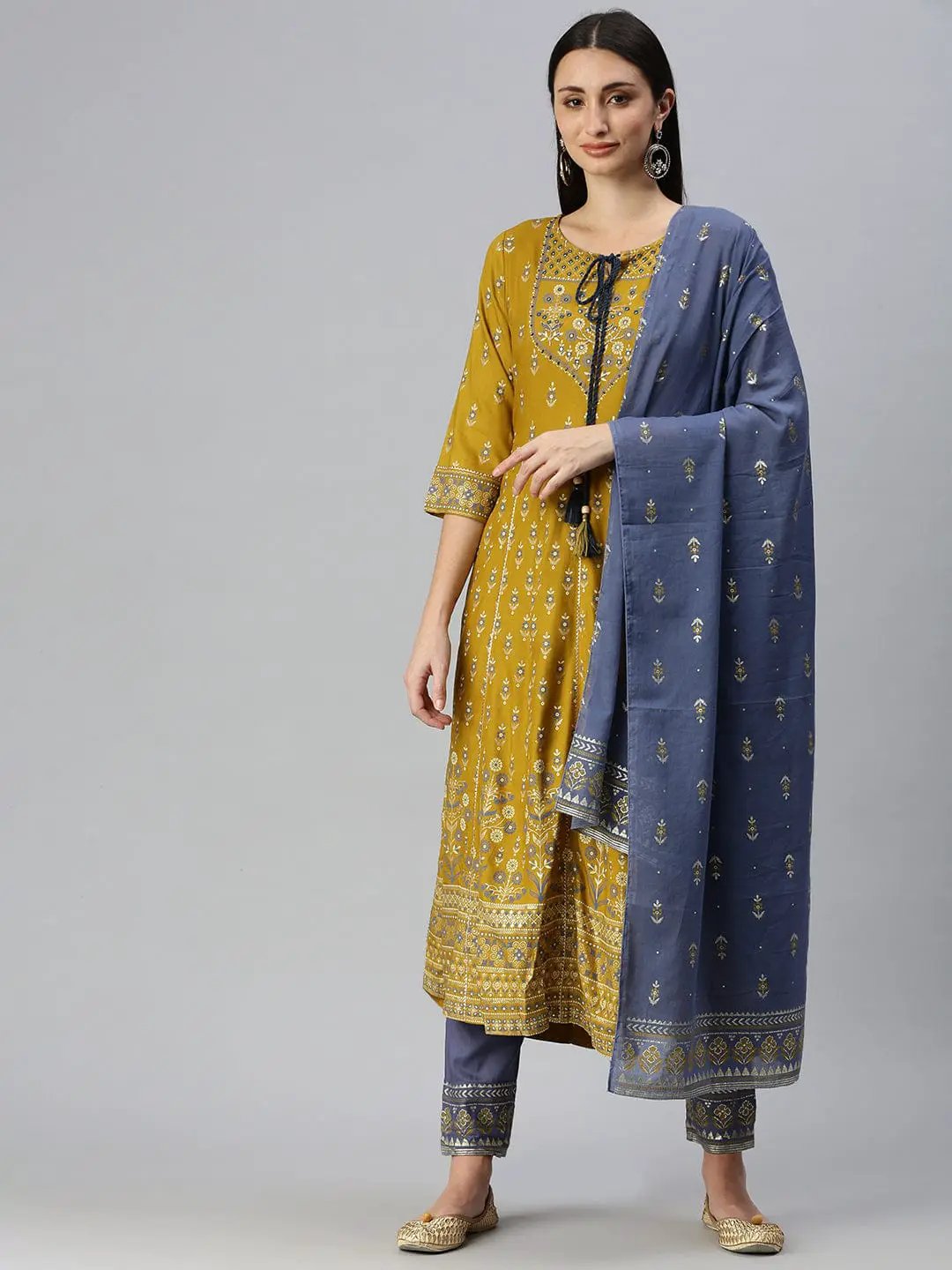 Women's Anarkali Mustard Printed Kurta Sets with Trousers & Dupatta
