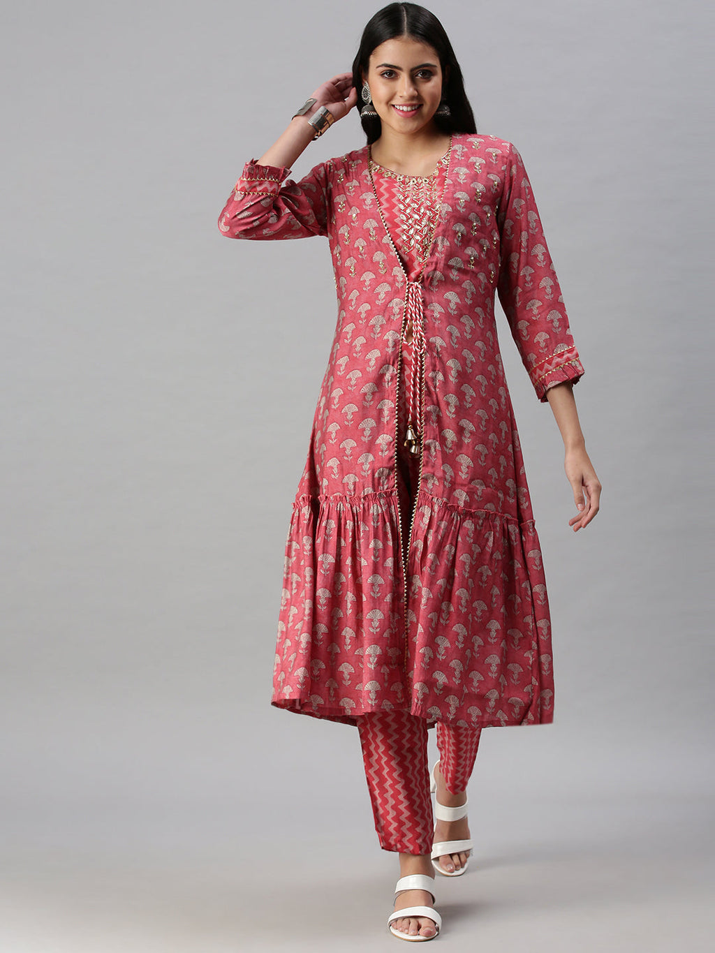Women's Pink Printed Layered Kurta Sets