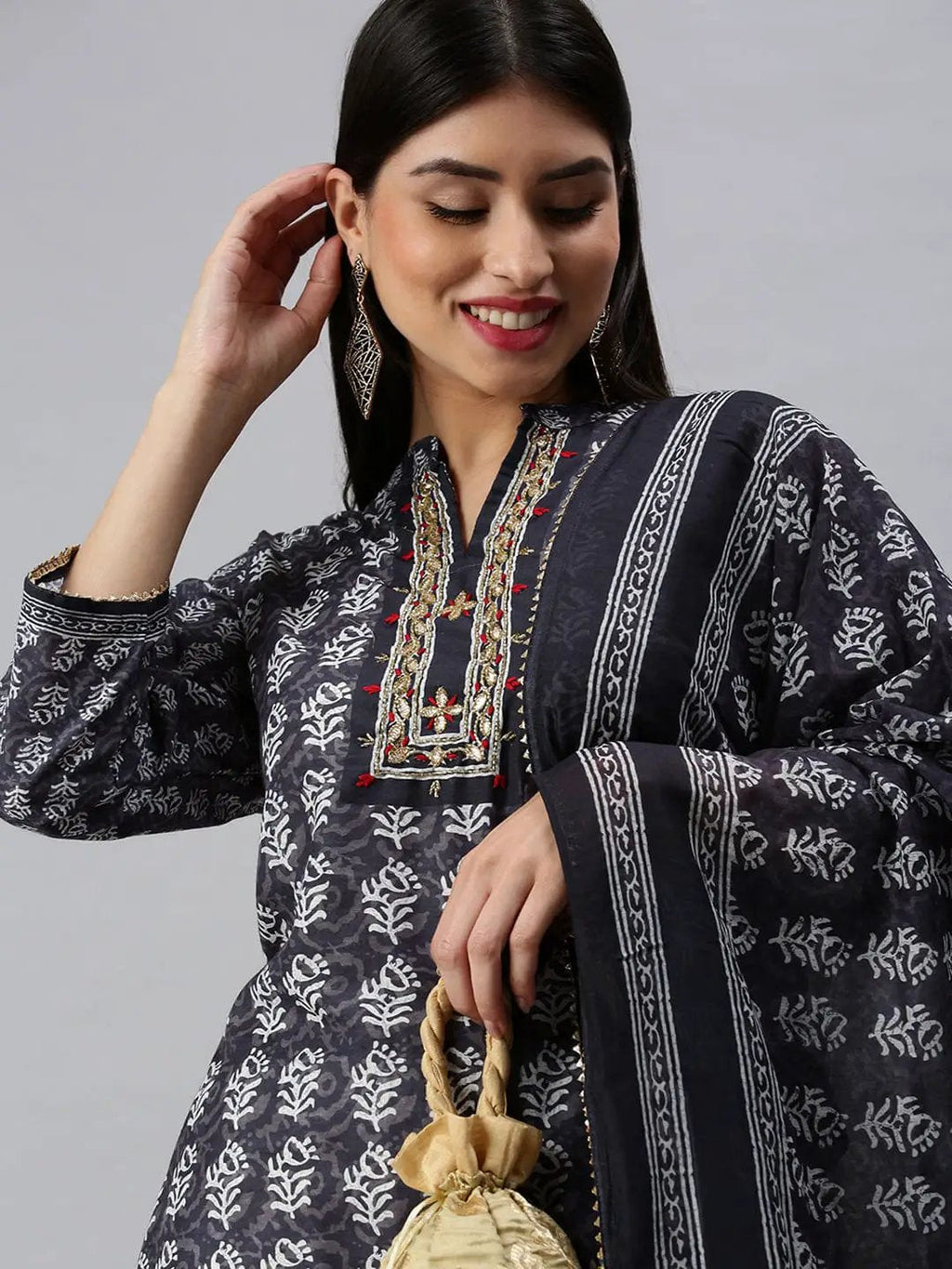 Women's Straight Grey Printed Kurta Sets With Trousers