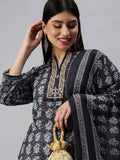 Women's Straight Grey Printed Kurta Sets With Trousers