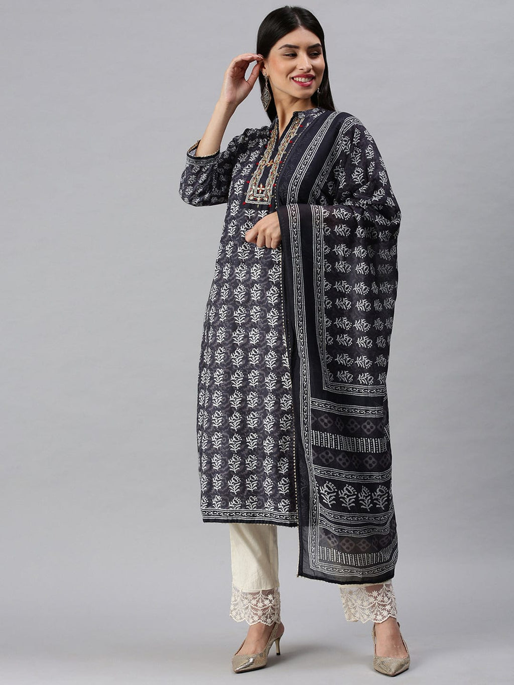 Women's Straight Grey Printed Kurta Sets With Trousers