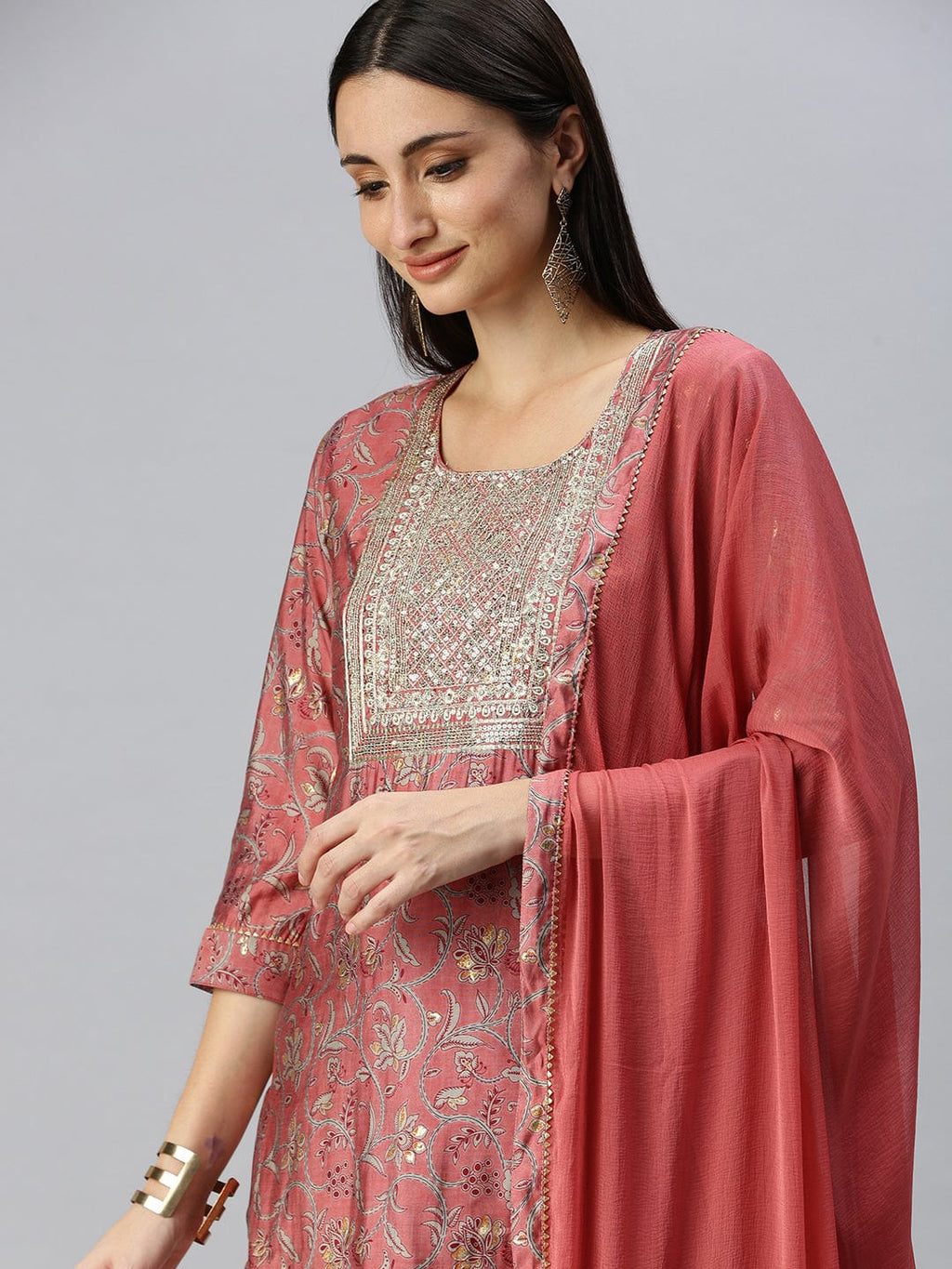 Women's Straight Peach Printed Kurta Sets with Trousers & Dupatta