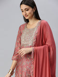 Women's Straight Peach Printed Kurta Sets with Trousers & Dupatta