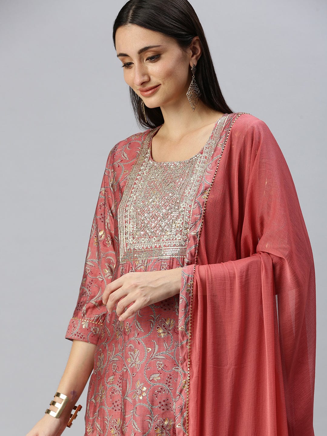 Women's Straight Peach Printed Kurta Sets with Trousers & Dupatta