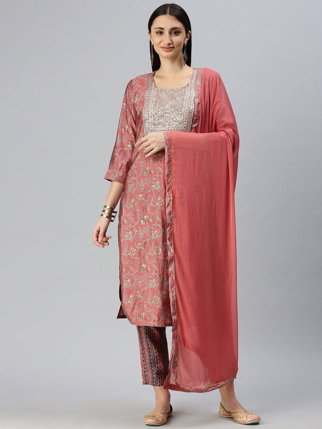 Women's Straight Peach Printed Kurta Sets with Trousers & Dupatta