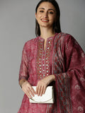 Women's Ethnic Straight Peach Printed Kurta Sets with Trousers & Dupatta