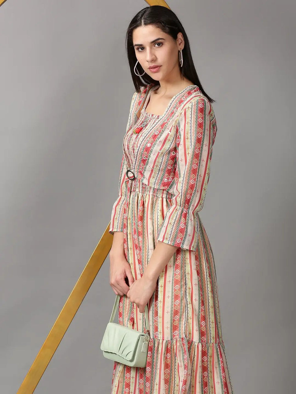 Women's Multi Geometric Layered Chiffon Fit & Flare Dress