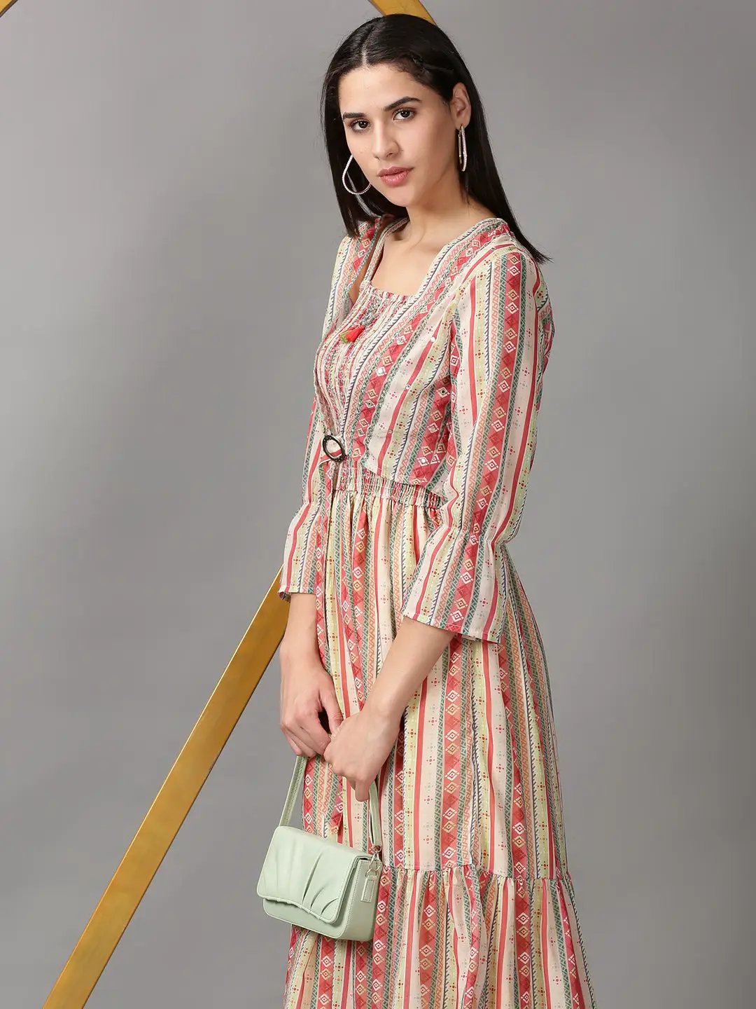 Women's Multi Geometric Layered Chiffon Fit & Flare Dress