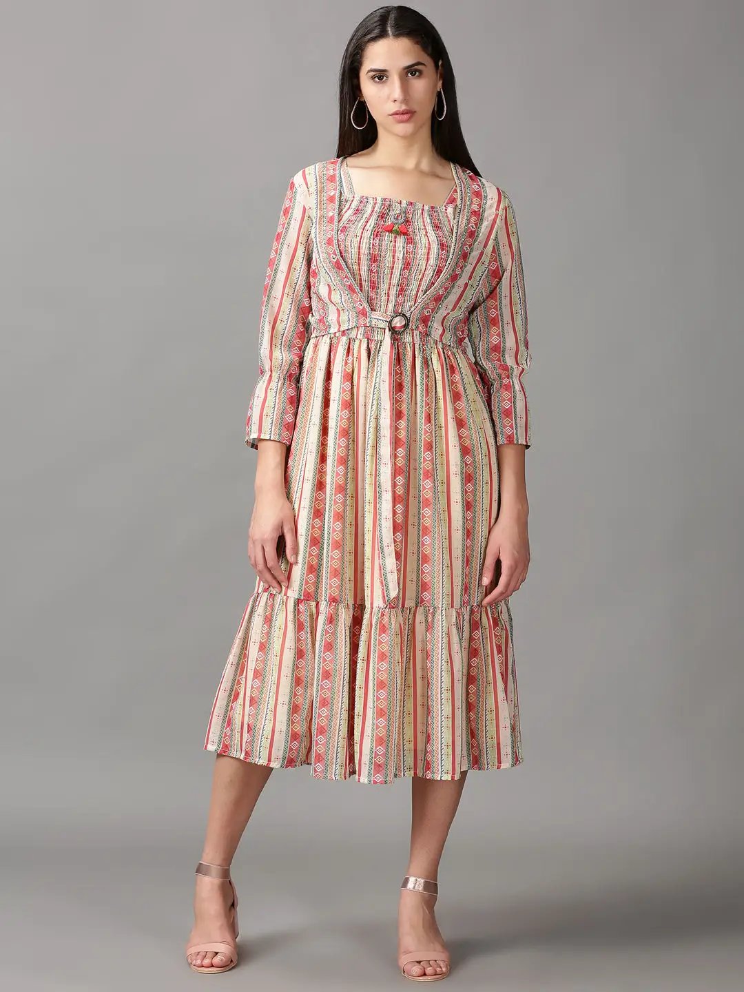 Women's Multi Geometric Layered Chiffon Fit & Flare Dress