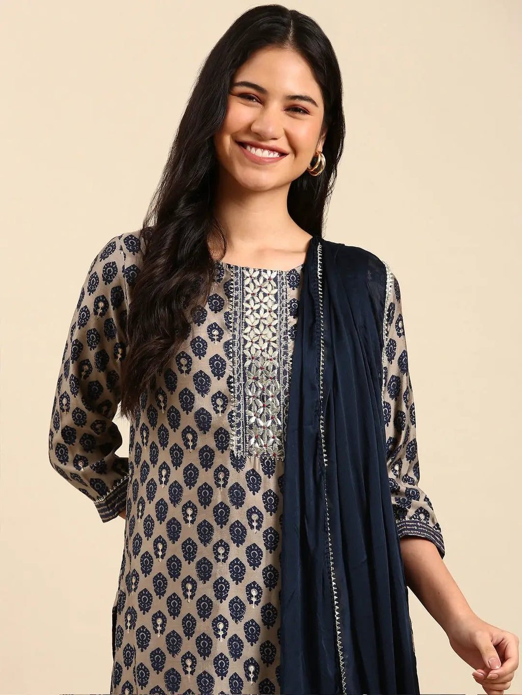 Women's Graphic Grey Ethnic Straight Kurta Set with Dupatta