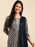 Women's Graphic Grey Ethnic Straight Kurta Set with Dupatta