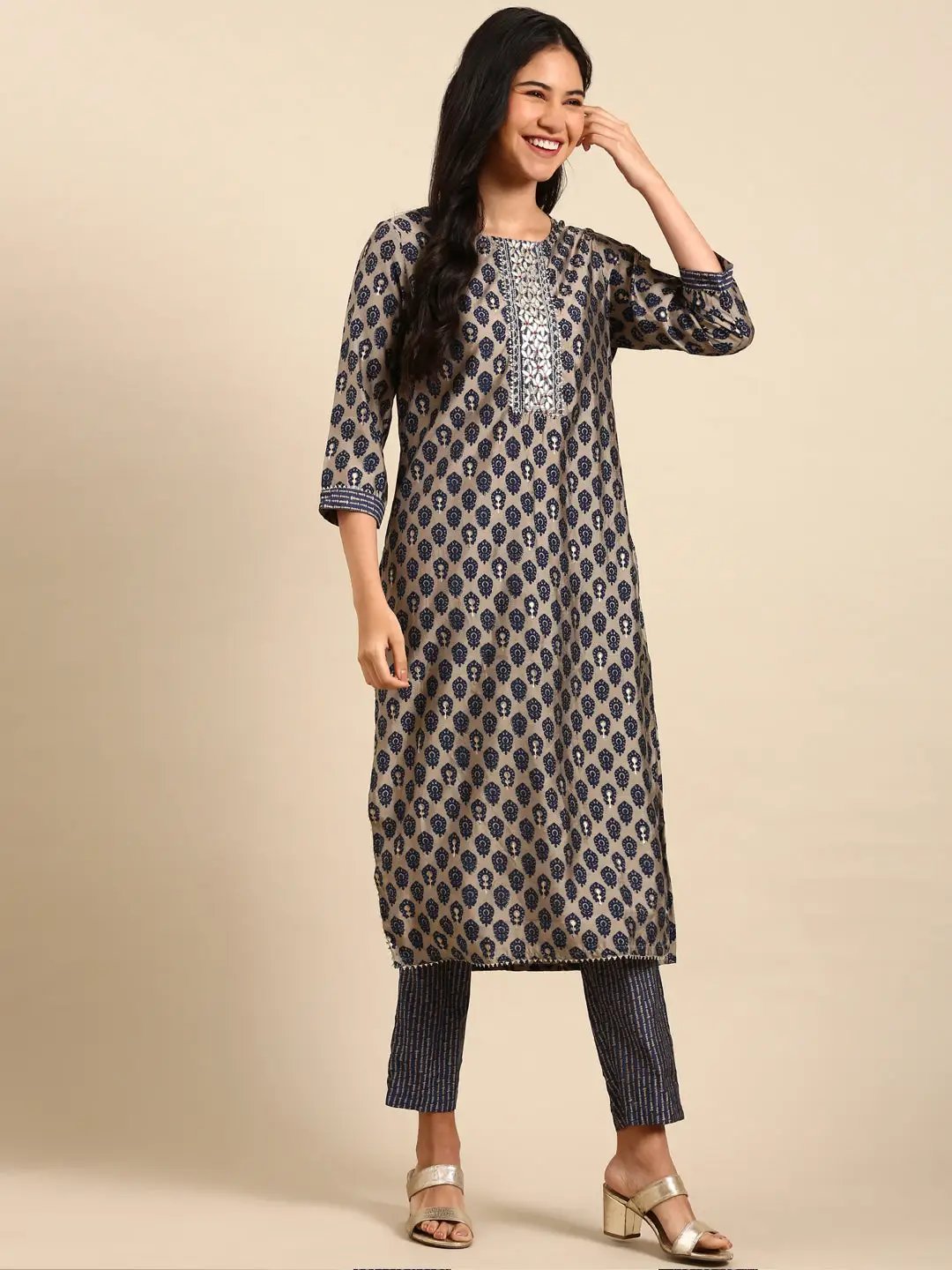 Women's Graphic Grey Ethnic Straight Kurta Set with Dupatta