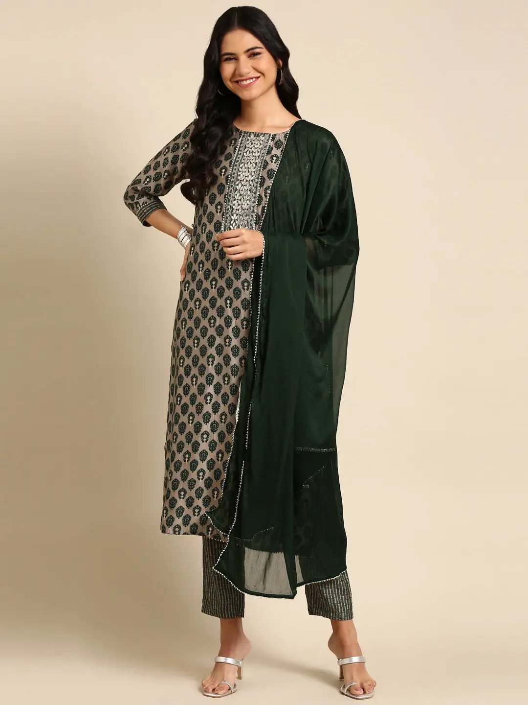 Women's Graphic Ethnic Grey Straight Kurta Set with Dupatta