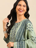 Women's Ethnic Graphic Green Straight Kurta Set with Dupatta
