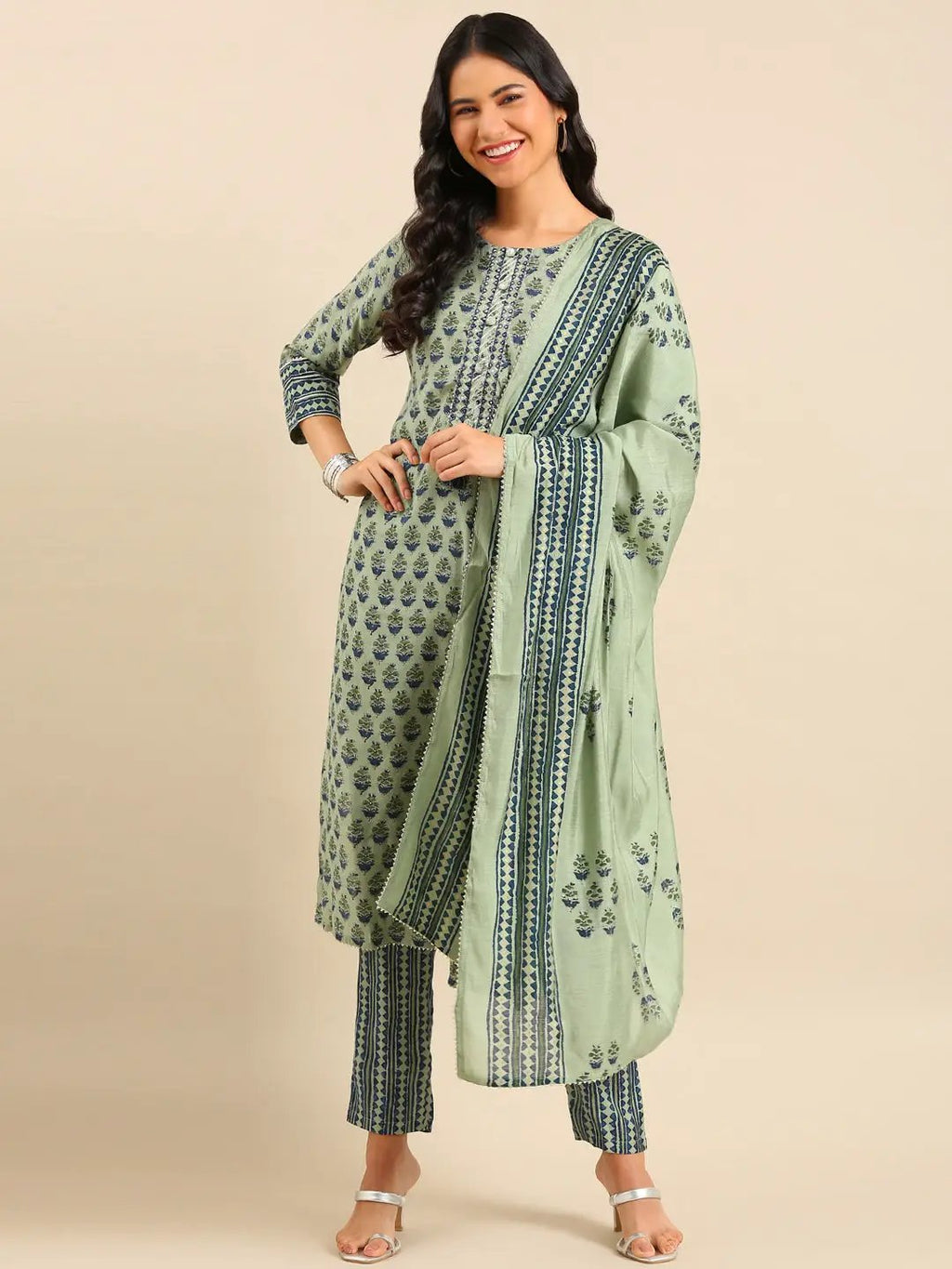 Women's Ethnic Graphic Green Straight Kurta Set with Dupatta
