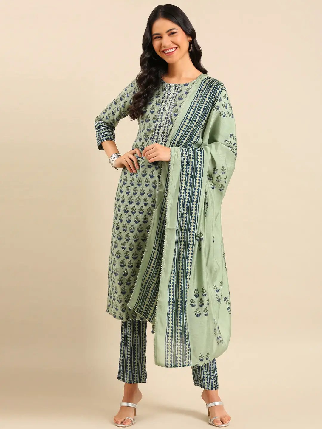 Women's Ethnic Graphic Green Straight Kurta Set with Dupatta