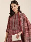 Women's Maroon Ethnic Motifs Printed Mirror Work Straight Kurta Set With Dupatta