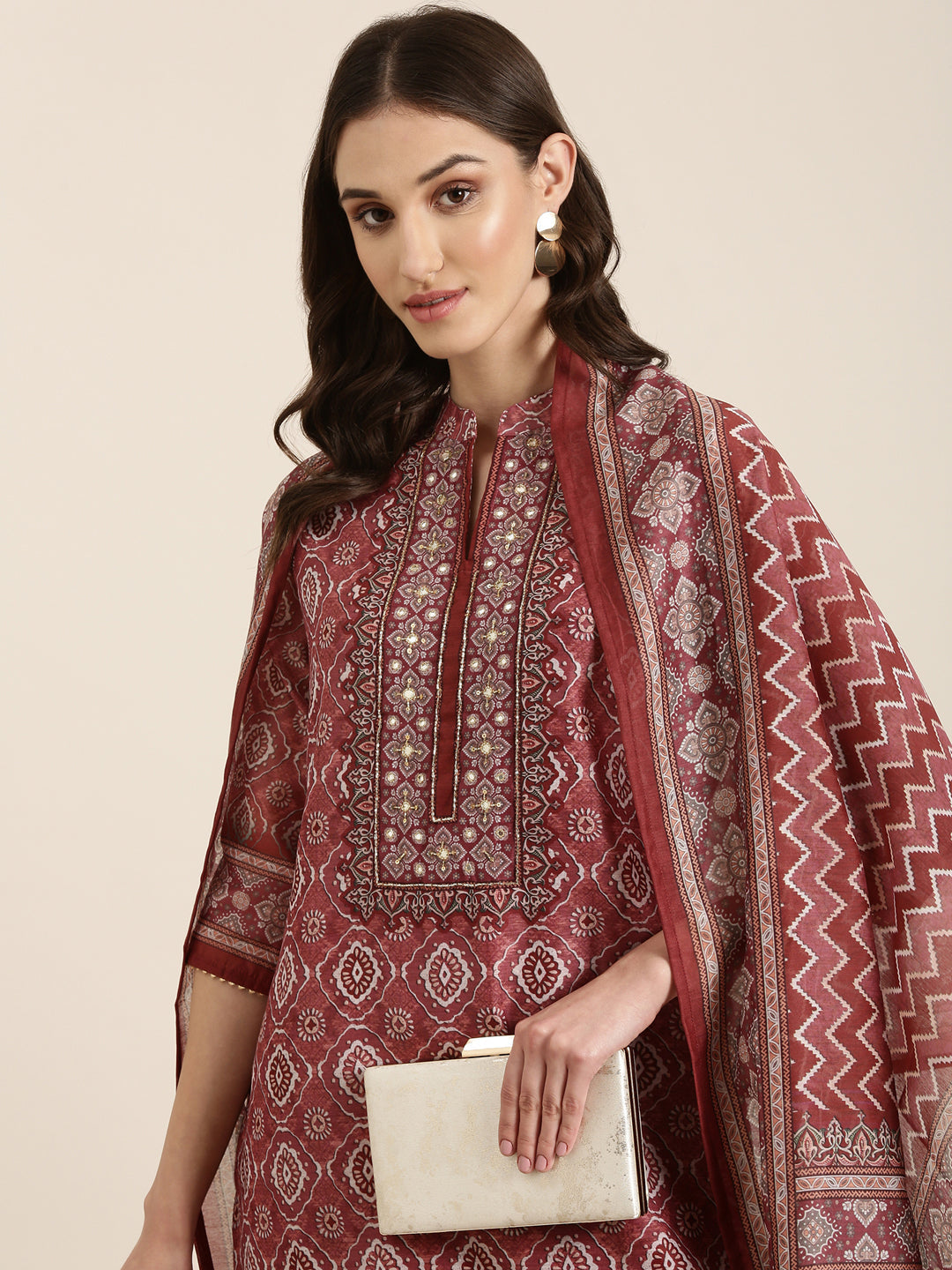 Women's Maroon Ethnic Motifs Printed Mirror Work Straight Kurta Set With Dupatta