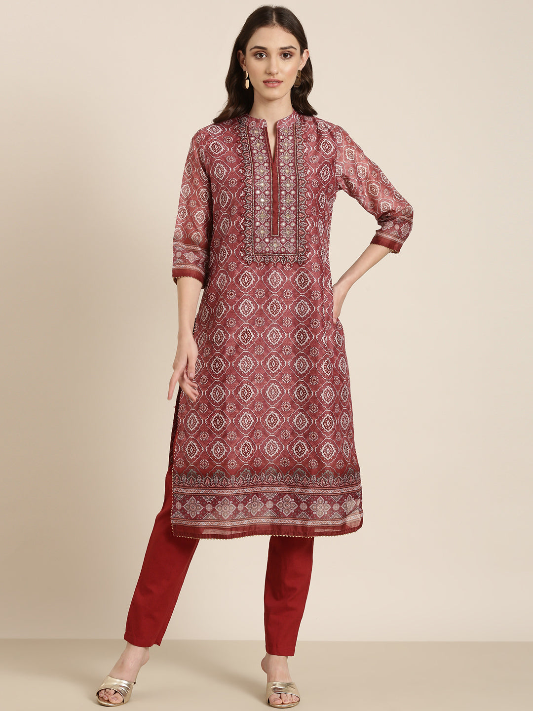 Women's Maroon Ethnic Motifs Printed Mirror Work Straight Kurta Set With Dupatta