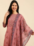 Women's Mauve Floral Printed Mirror Work Kurta Set With Dupatta