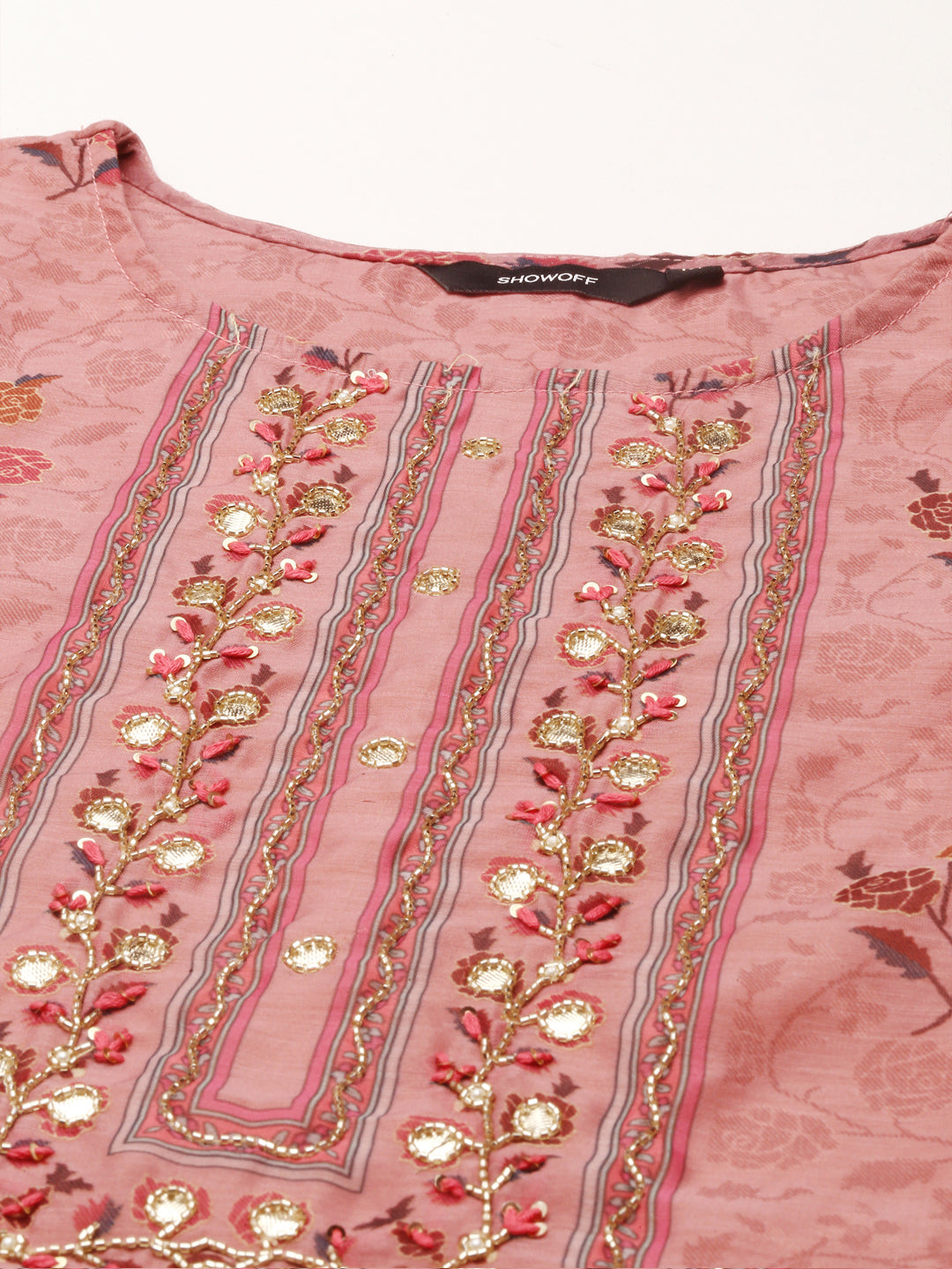 Women's Mauve Floral Printed Mirror Work Kurta Set With Dupatta