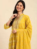 Women's Mustard Ethnic Motifs Printed Empire Kurta Set With Dupatta