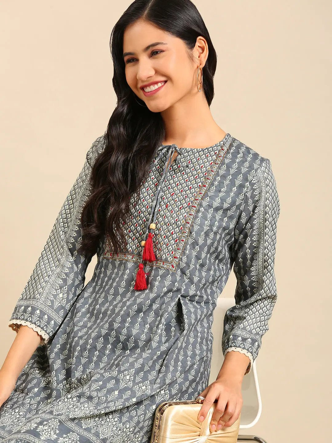 Women's Graphic Grey A-Line Kurta Set