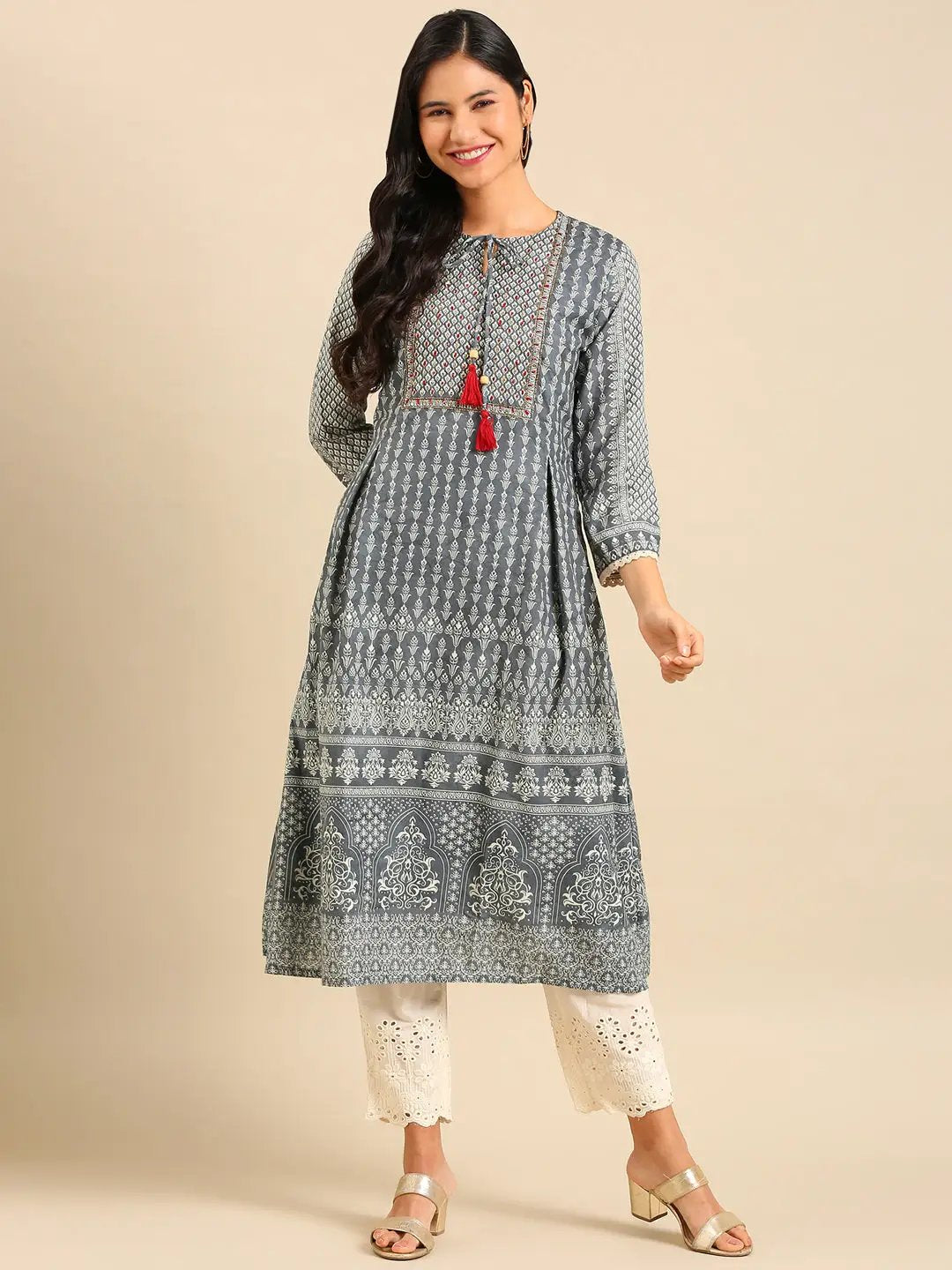 Women's Graphic Grey A-Line Kurta Set