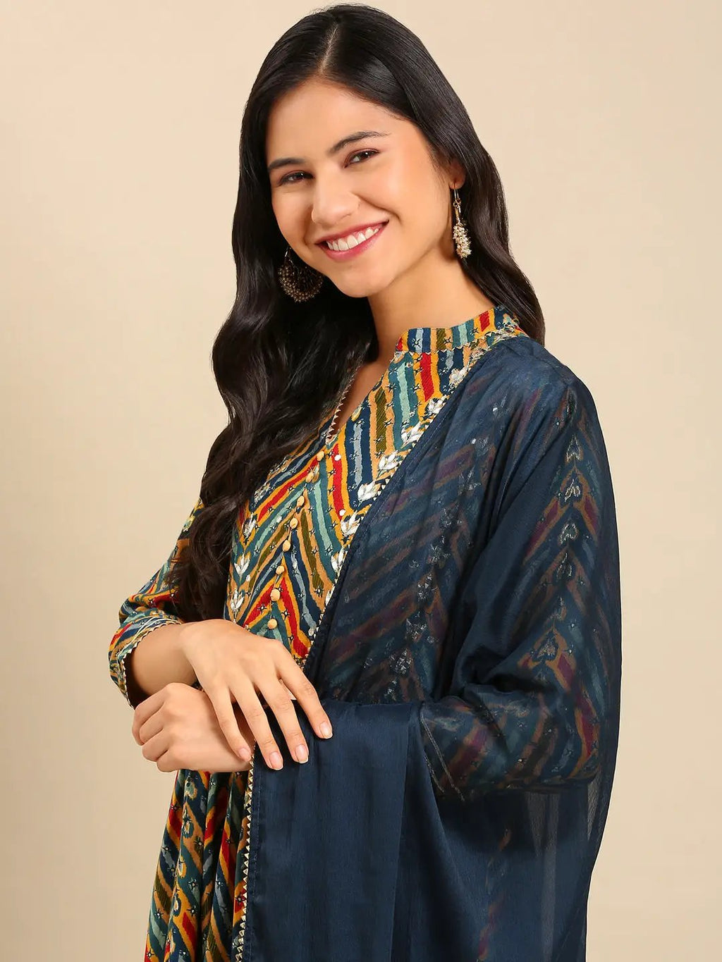 Women's Chevron Multi Anarkali Kurta Set with Dupatta