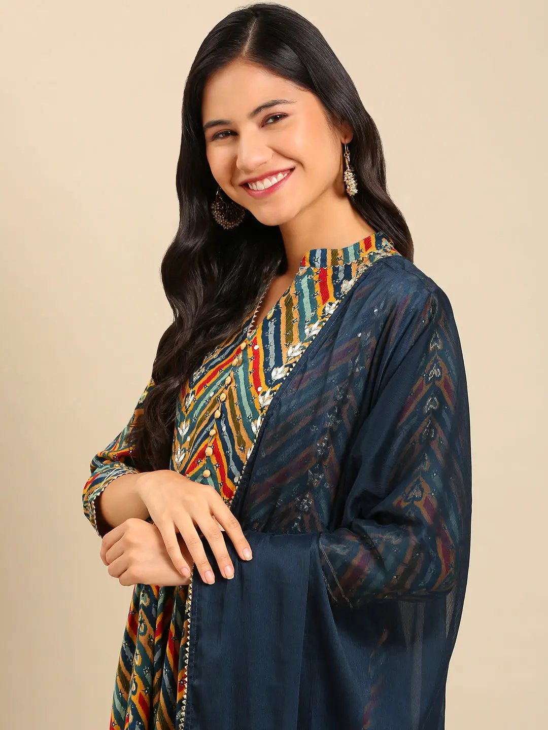 Women's Chevron Multi Anarkali Kurta Set with Dupatta