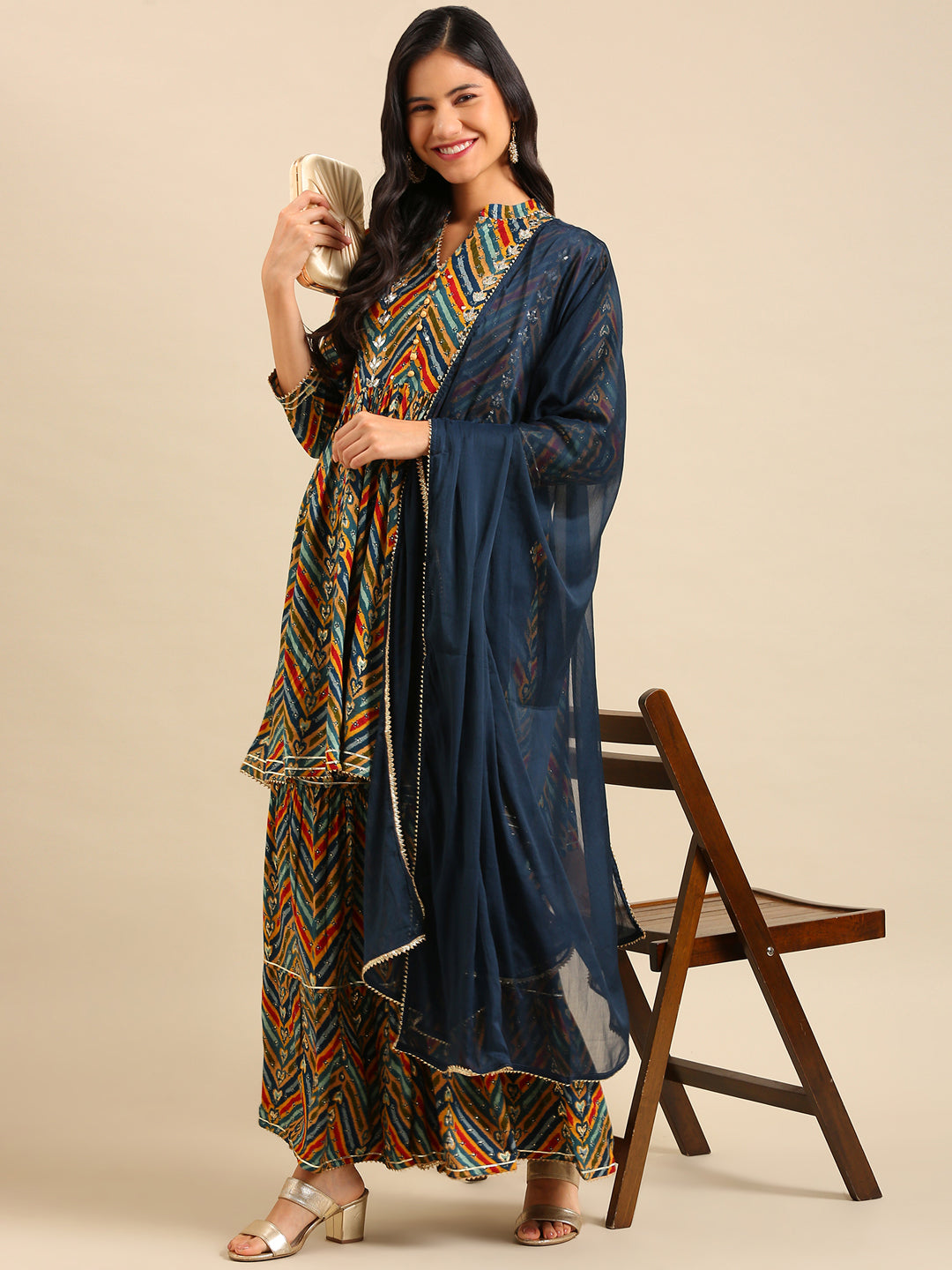 Women's Chevron Multi Anarkali Kurta Set with Dupatta