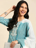 Women's Ethnic Graphic Prints Blue Straight Kurta Set with Dupatta