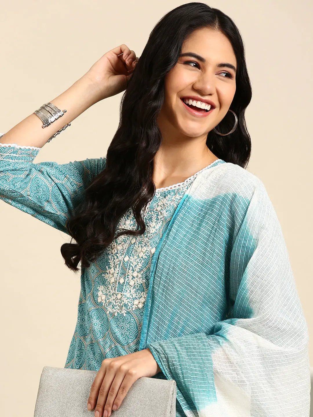 Women's Ethnic Graphic Prints Blue Straight Kurta Set with Dupatta