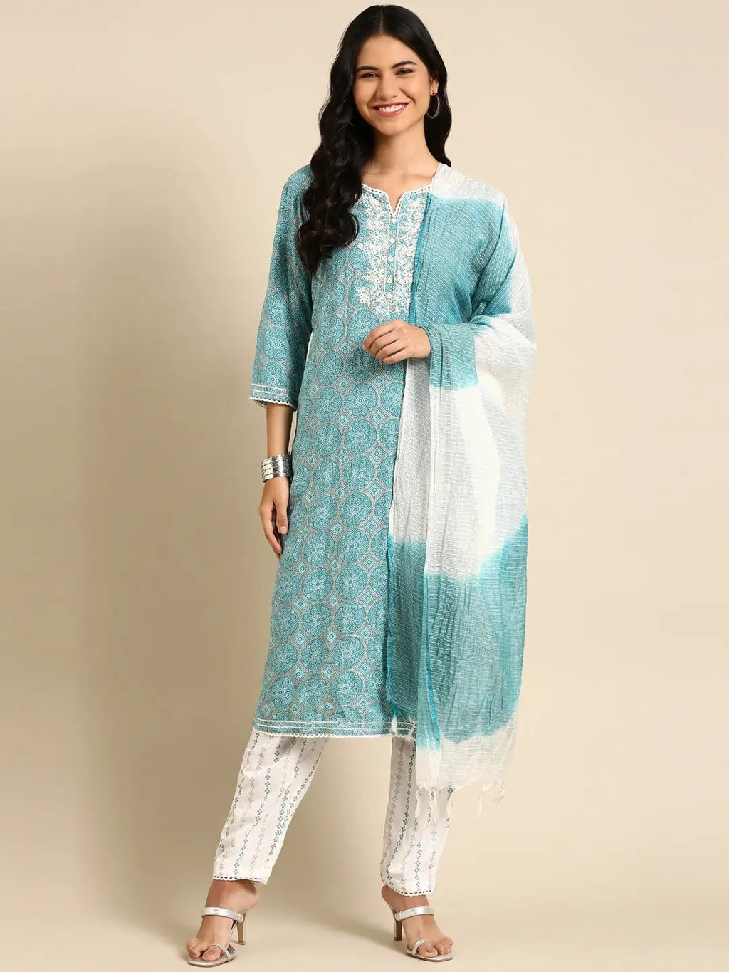 Women's Ethnic Graphic Prints Blue Straight Kurta Set with Dupatta