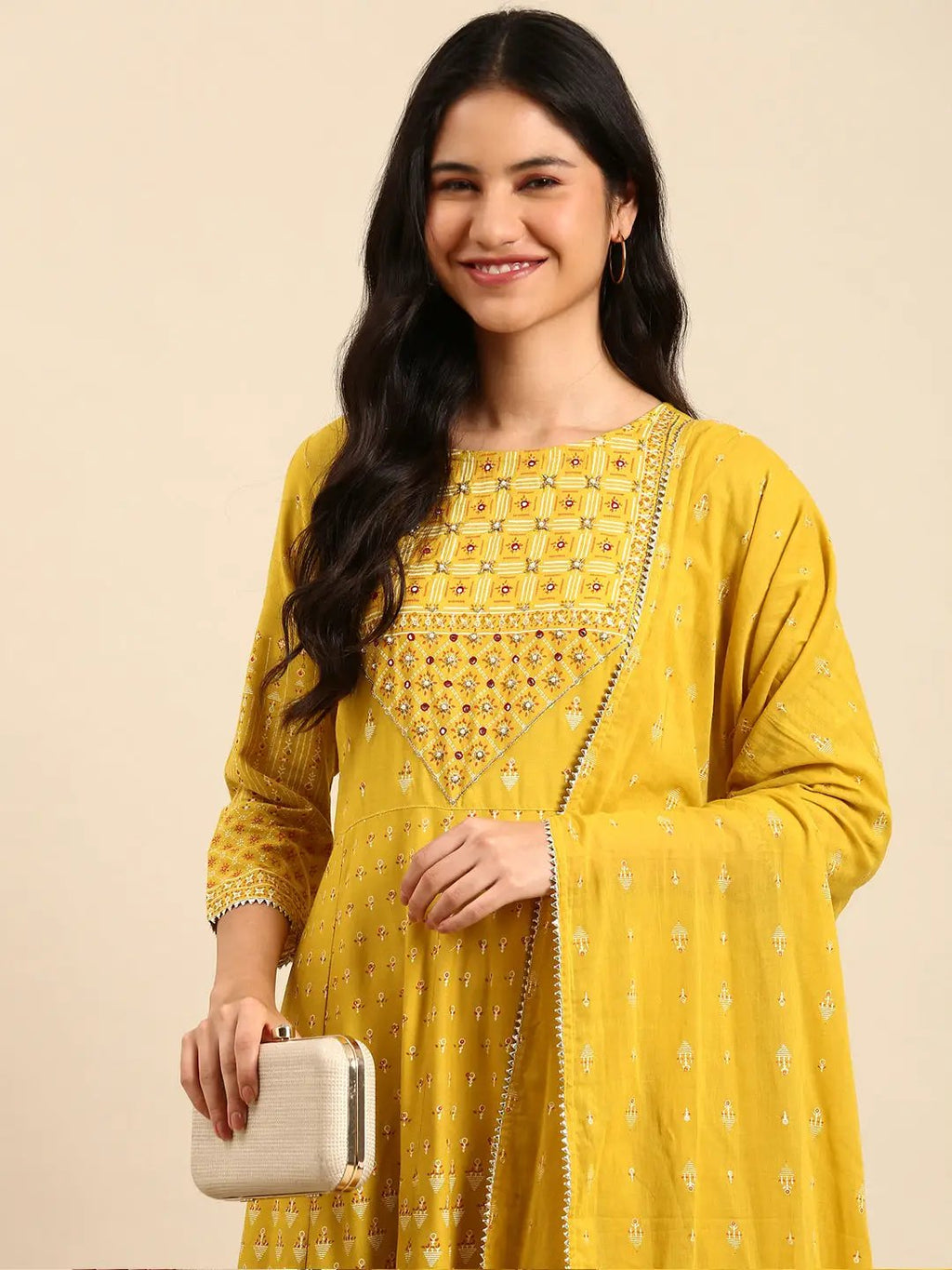 Women's Ethnic Graphic Yellow Anarkali Kurta Set with Dupatta