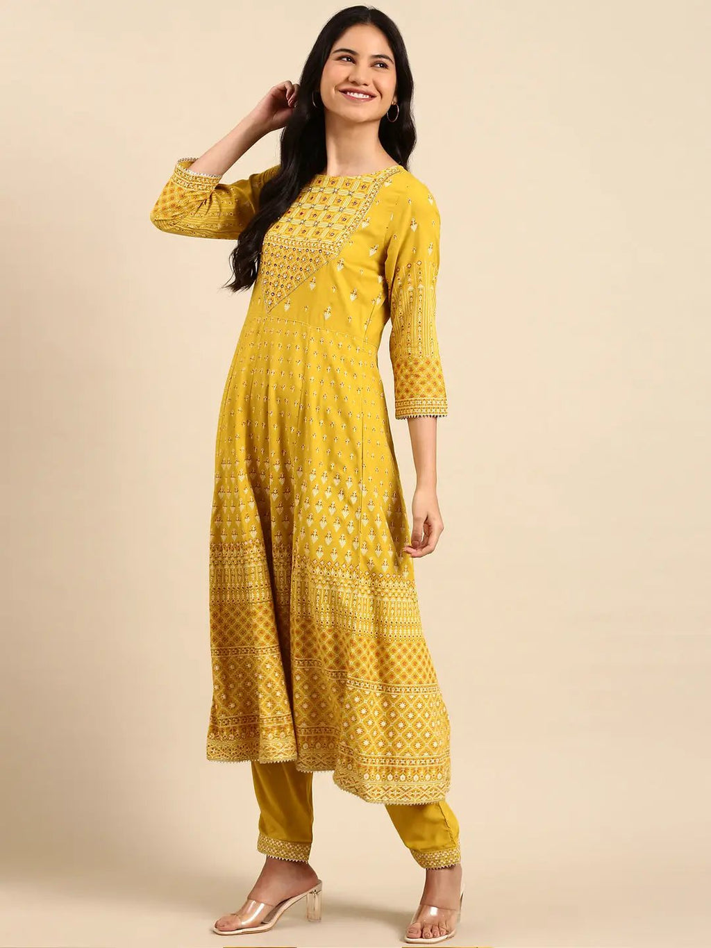 Women's Ethnic Graphic Yellow Anarkali Kurta Set with Dupatta