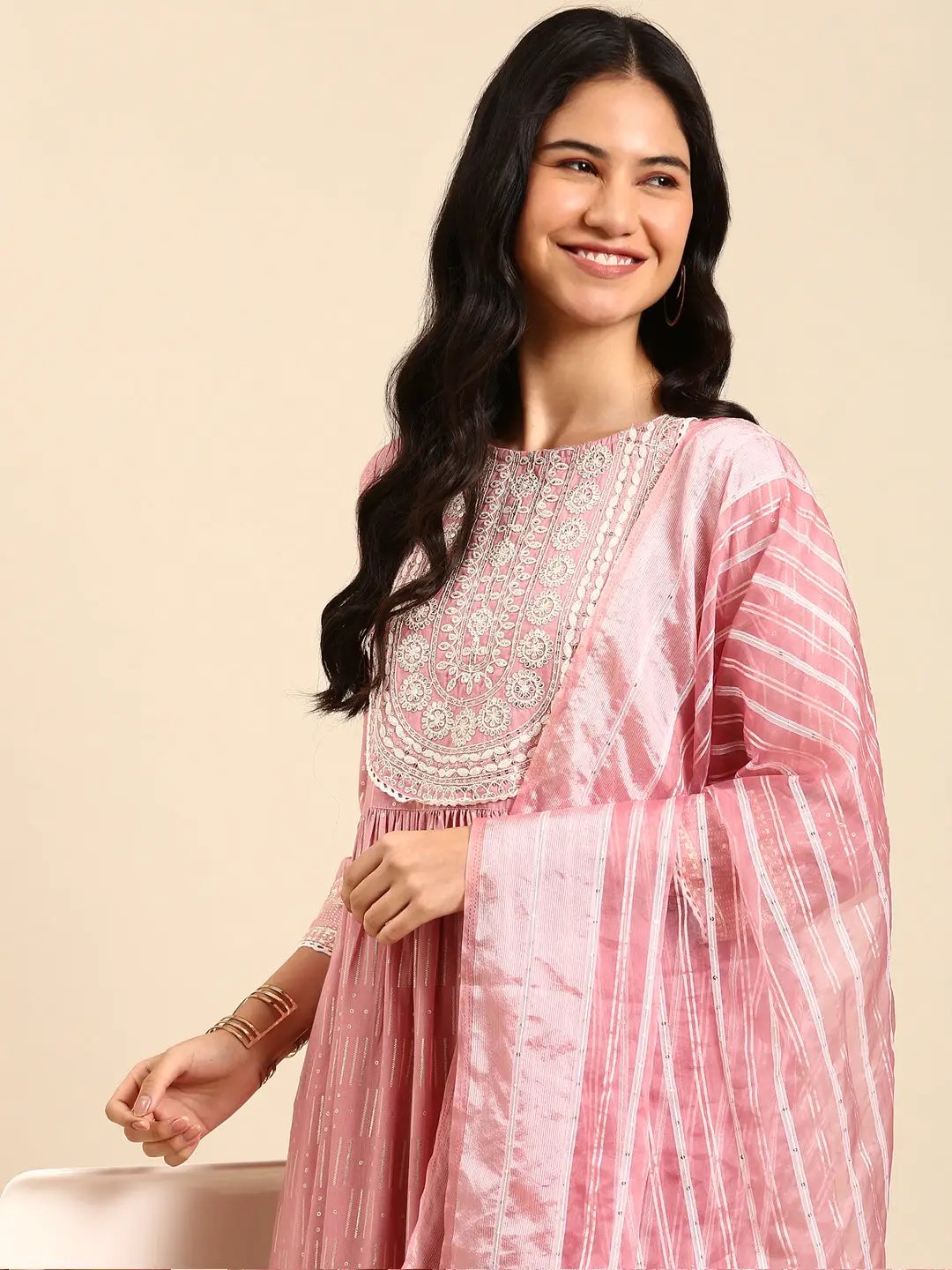 Women's Geometric Pink Anarkali Kurta Set with Dupatta