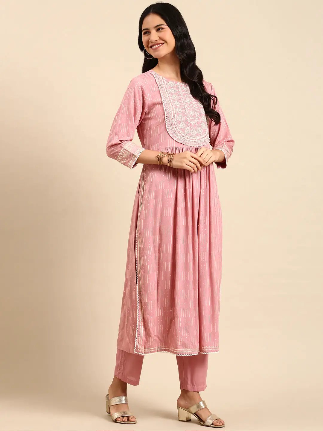 Women's Geometric Pink Anarkali Kurta Set with Dupatta