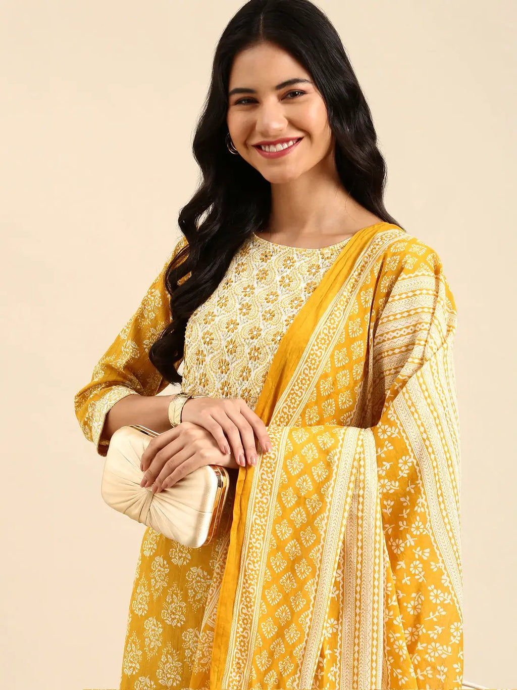 Women's Graphic Yellow Straight Kurta Set with Dupatta