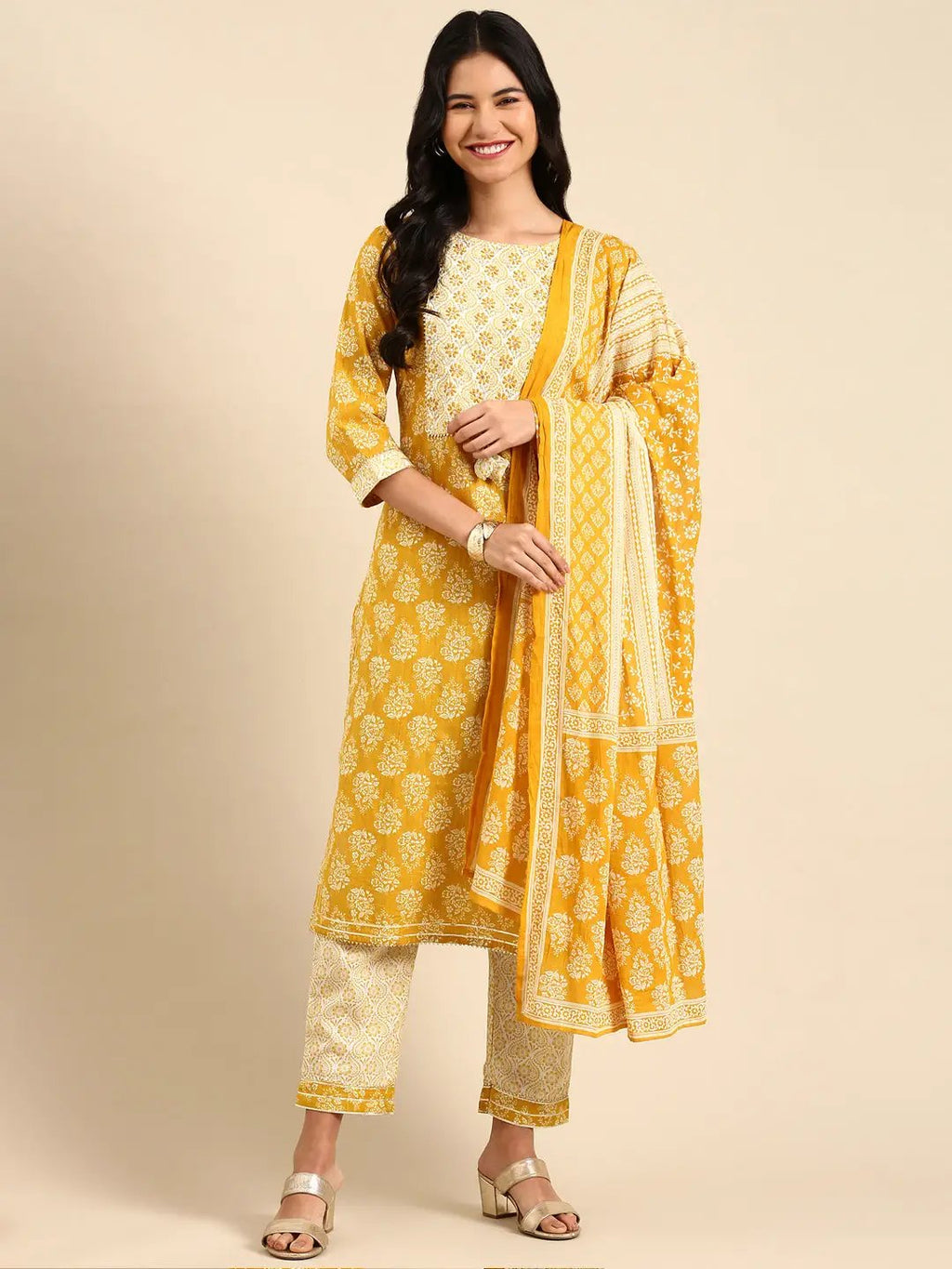 Women's Graphic Yellow Straight Kurta Set with Dupatta