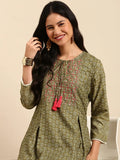 Women's Graphic Olive A-Line Kurta Set